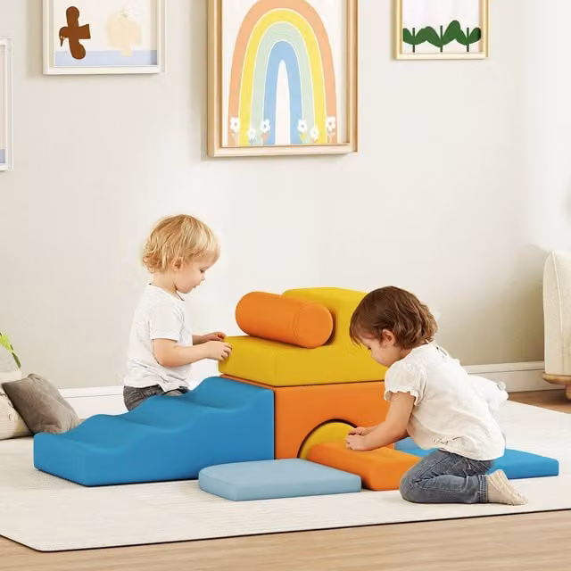 AIYAPLAY 9-Piece Foam Soft Play Set with Detachable Covers for Kids in Multicoloured and Yellow
