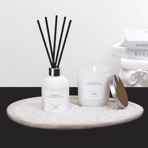 French Connection Lemon Drizzle Home Fragrance Gift Set in Sand with Scented Candle, Reed Diffuser and Wooden Plate – 2