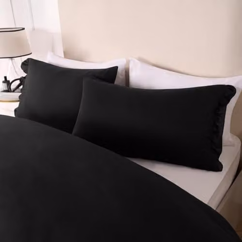 OHS King Size Microfibre Frill Edge Duvet Cover and Pillowcase Set, Black, W/D/H: 180 x 200 cm, Pillowcases: 50 x 75 cm – 1
