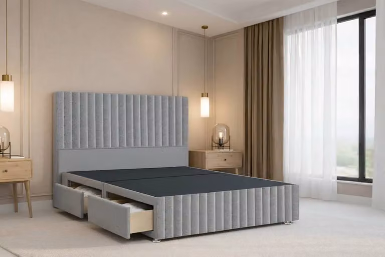 Chester & Oakley Ravello Plush Velvet Divan Bed with 2 Drawers, 12 inch Footboard and 54 inch Headboard in Silver, Size: Super King (200 x 200 cm)