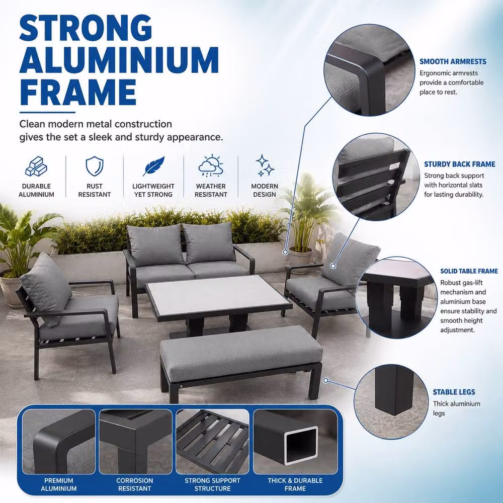 Shatchi 4 Seater Grey Aluminium Garden Sofa Set with Height Adjustable Gas Lift Glass Table – 6