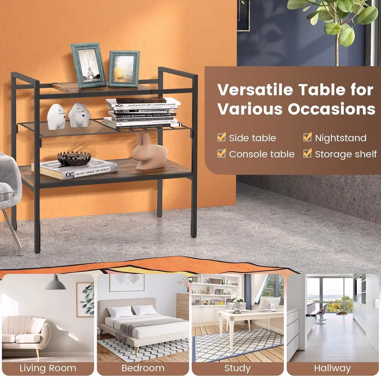 Costway 3-Tier Industrial Entryway Table with Removable Panel and Mesh Shelf in Brown – 5