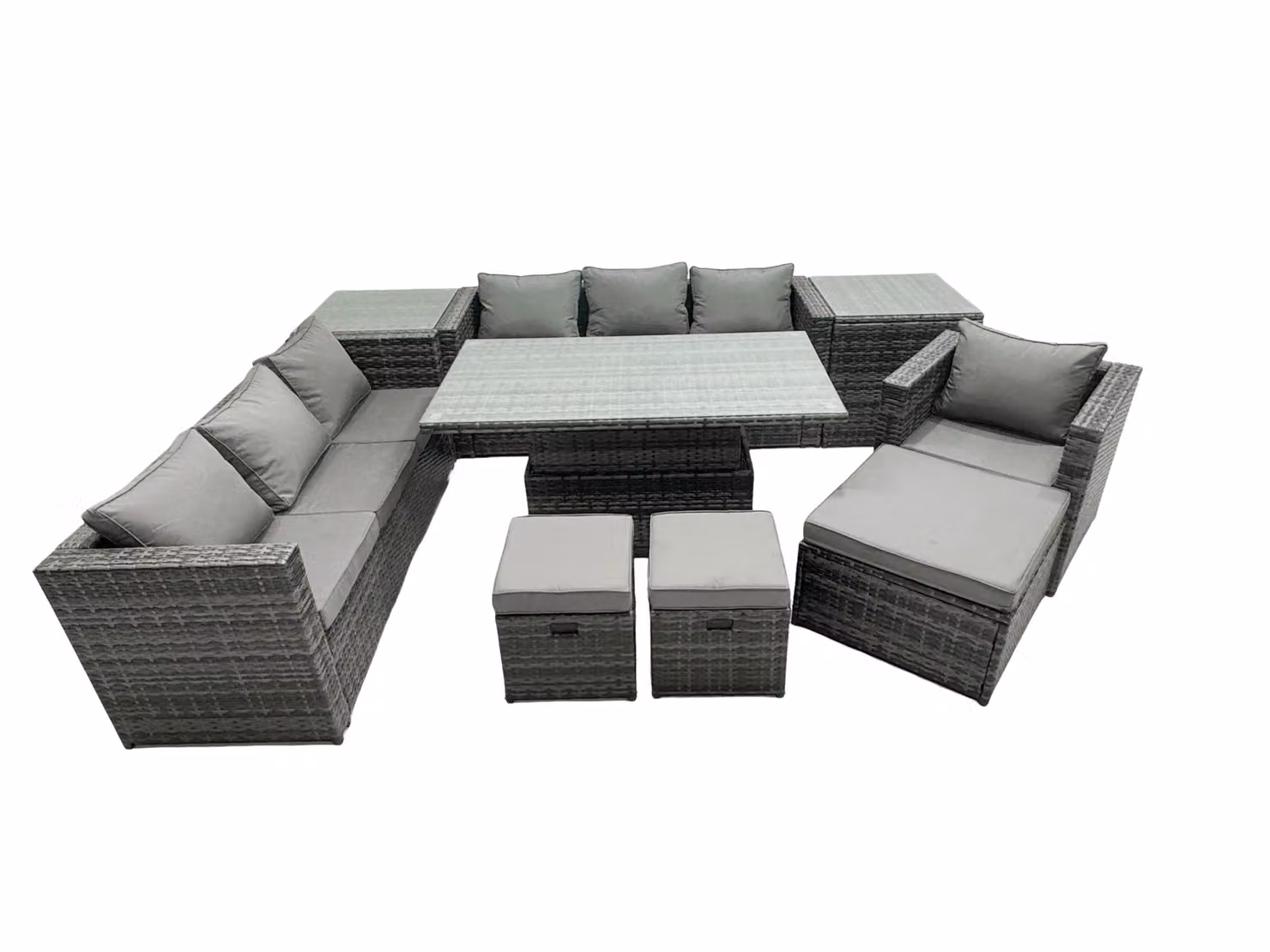 Fimous Rattan Lounge Sofa Set with Rising Dining Table, 2 Side Tables and 3 Footstools in Dark Grey – 2