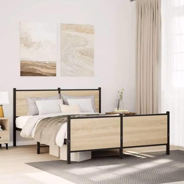 Berkfield Home Metal Bed Frame in Sonoma Oak Brown, W/D/H: 150 x 200 cm, King Size