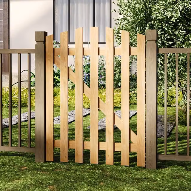 Livingandhome Solid Wood Garden Gate with Z-Shaped Structure in Yellow, W: 90 cm, H: 120 cm