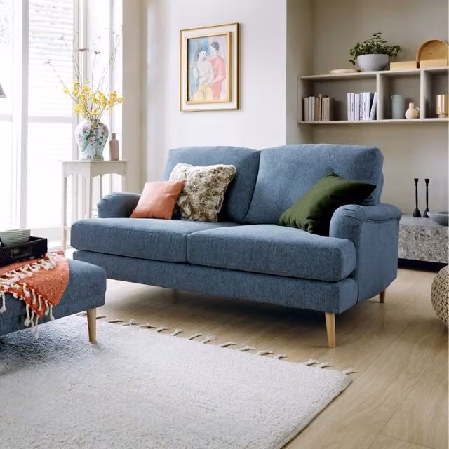 Abakus Direct Harper 2 Seater Upholstered Fabric Sofa in Dark Blue with Removable Covers and Scatter Cushions