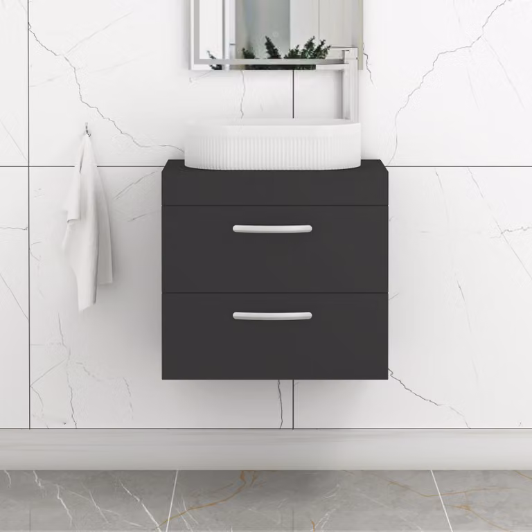 Royal Bathrooms Turin 500mm Wall Hung Vanity Unit with 2 Drawers and Lyon Countertop Basin in Matt Black