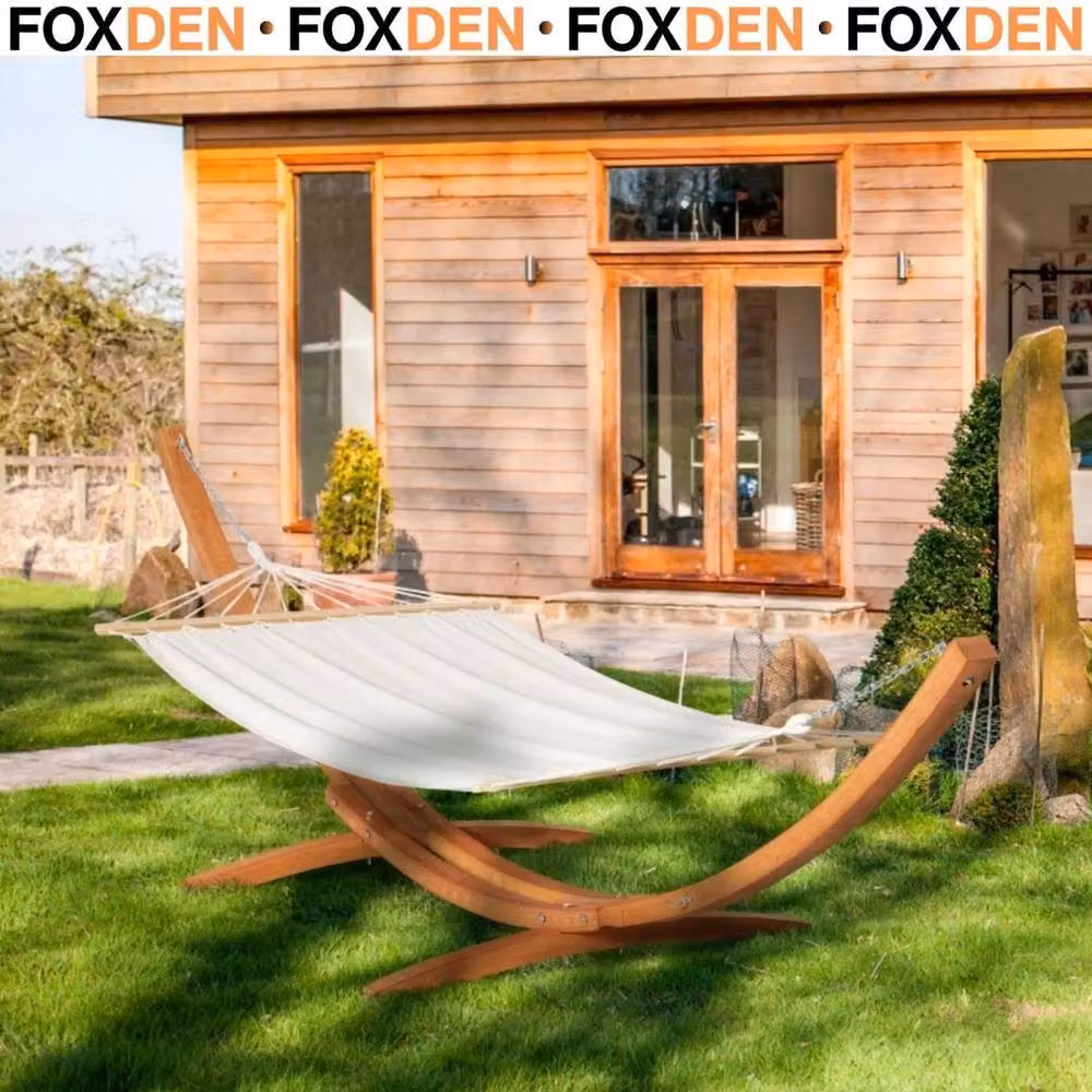 FLAVORA Outdoor Garden Hammock with Treated Larch Wood Stand and Cotton Fabric in Beige, Brown or White – 2