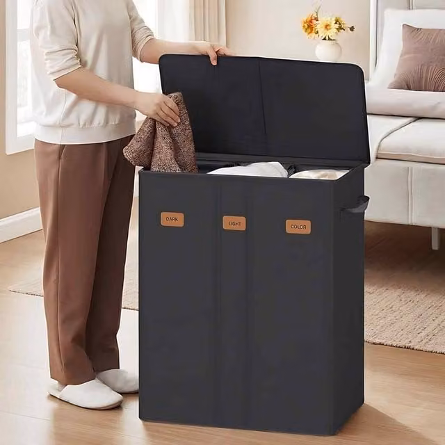 The Bazaarist 3 Compartment Laundry Hamper with Lid and Removable Bags, Jet Black – 1