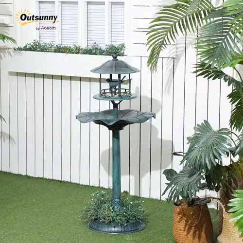 Outsunny 3-in-1 Freestanding Garden Bird Bath and Feeder, Green – 2
