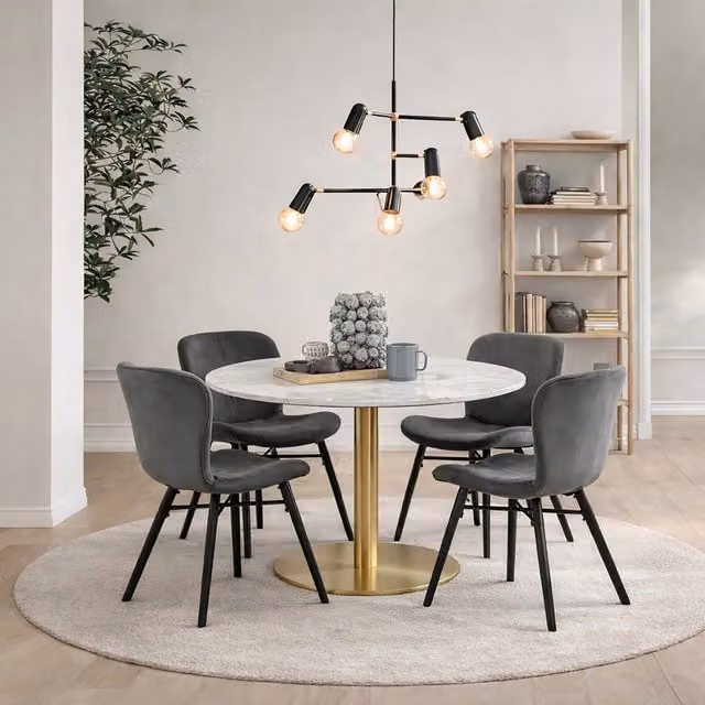 Furniture To Go Corby Round White Marble Dining Table with Gold Base and 4 Batilda Dark Grey Chairs