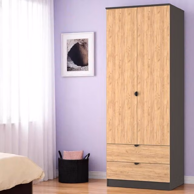 Bora Ready Assembled Tall 2 Door 2 Drawer Robe in Gold Craft Oak and Graphite