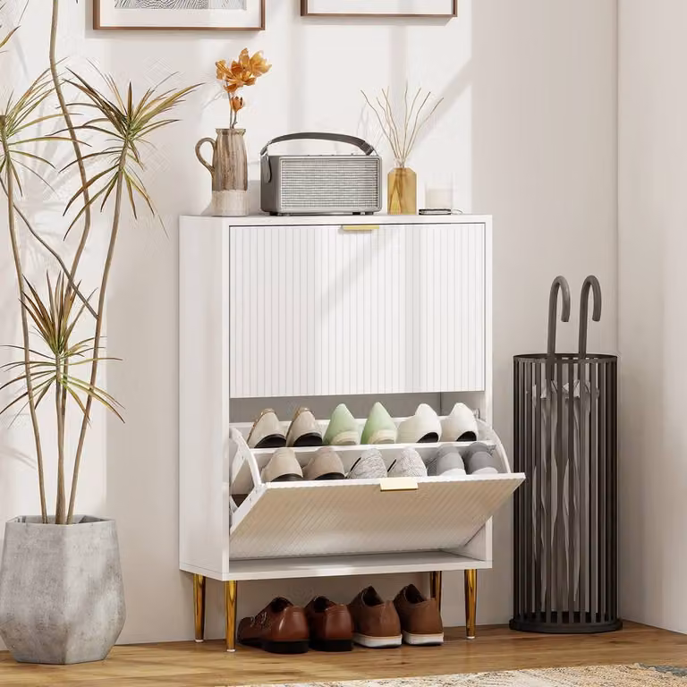 HOMCOM Modern Slim White Shoe Storage Cabinet with 2 Tilting Compartments and Gold Accents for Hallways