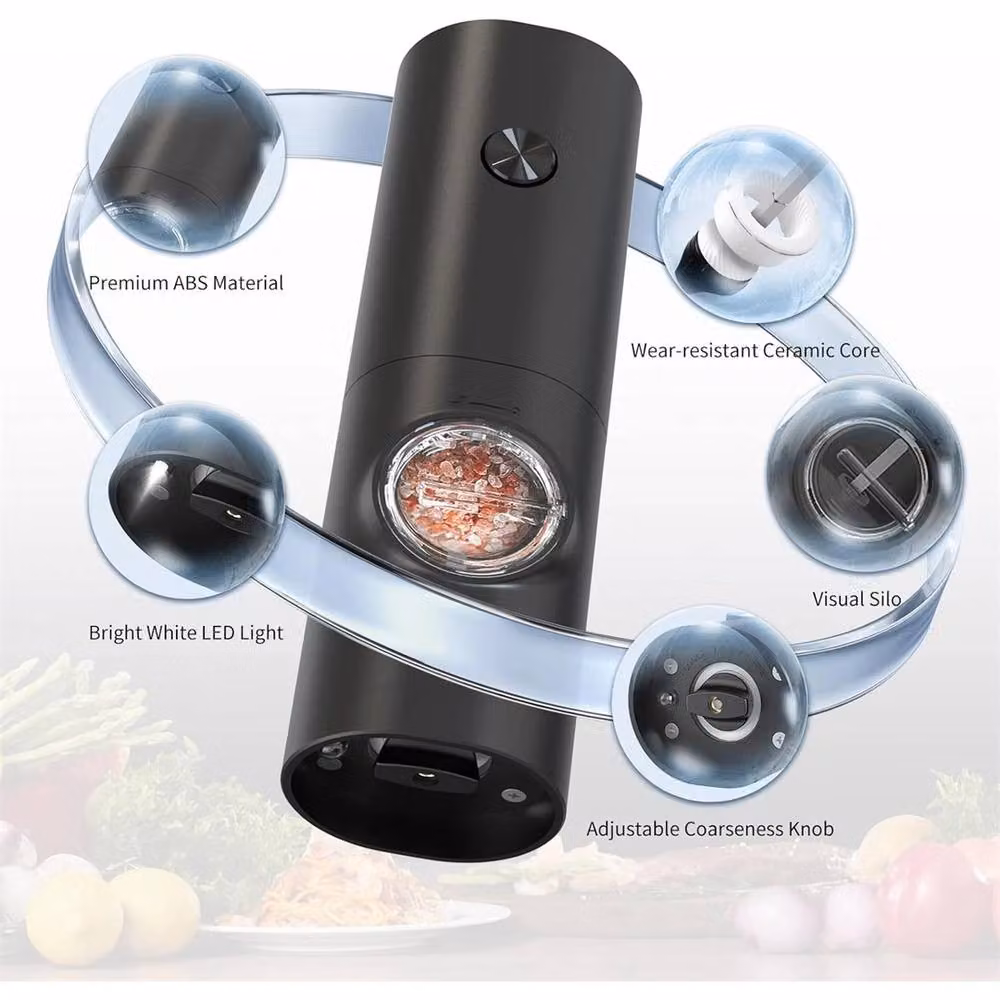 Nordara Electric Salt and Pepper Grinder Set with Adjustable Coarseness and LED Light, Black – 5