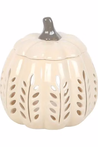 KDMD White Ceramic Pumpkin Oil Burner and Wax Warmer with Leaf Cut Out Design – 2