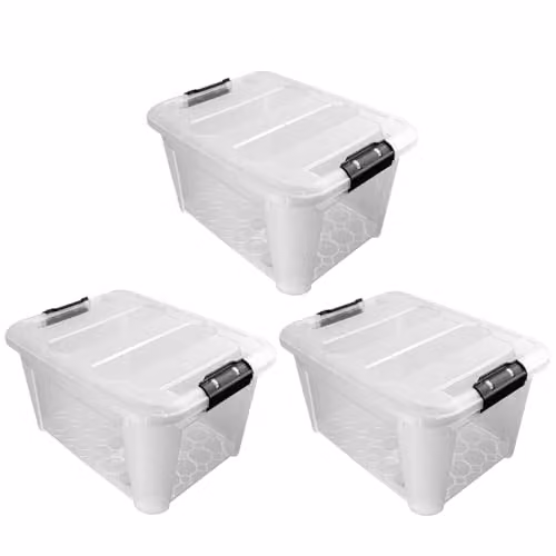 JVL Set of 3 Plastic Secure Clip Lidded Storage Boxes, Stackable and Nestable, Transparent, 30L
