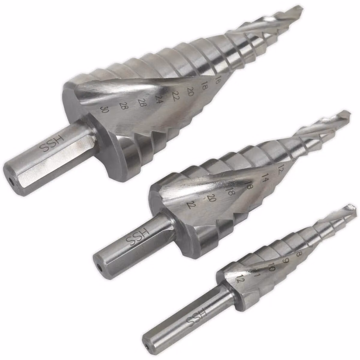 Loops 3 Piece HSS 4341 Spiral Flute Step Drill Bit Set in Silver and Multicolour – 3