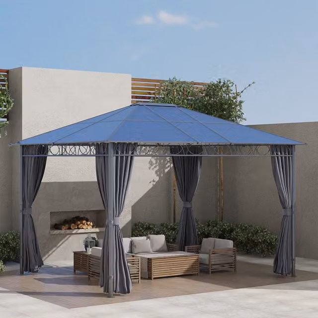 Outsunny Modern Hardtop Hip Roof Gazebo with Polycarbonate Roof in Dark Grey