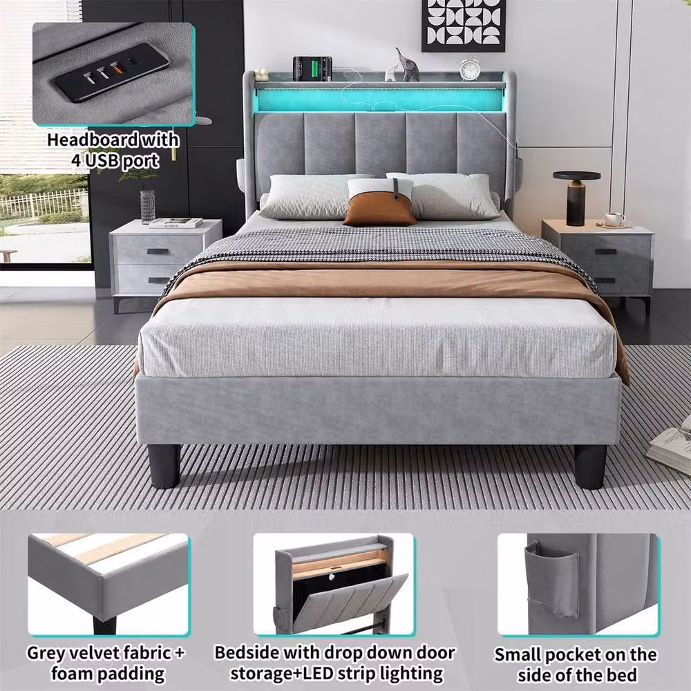 PAWNORA Single Bed Frame with LED Storage Headboard in Grey, W/D/H: 90 x 200 cm – 4