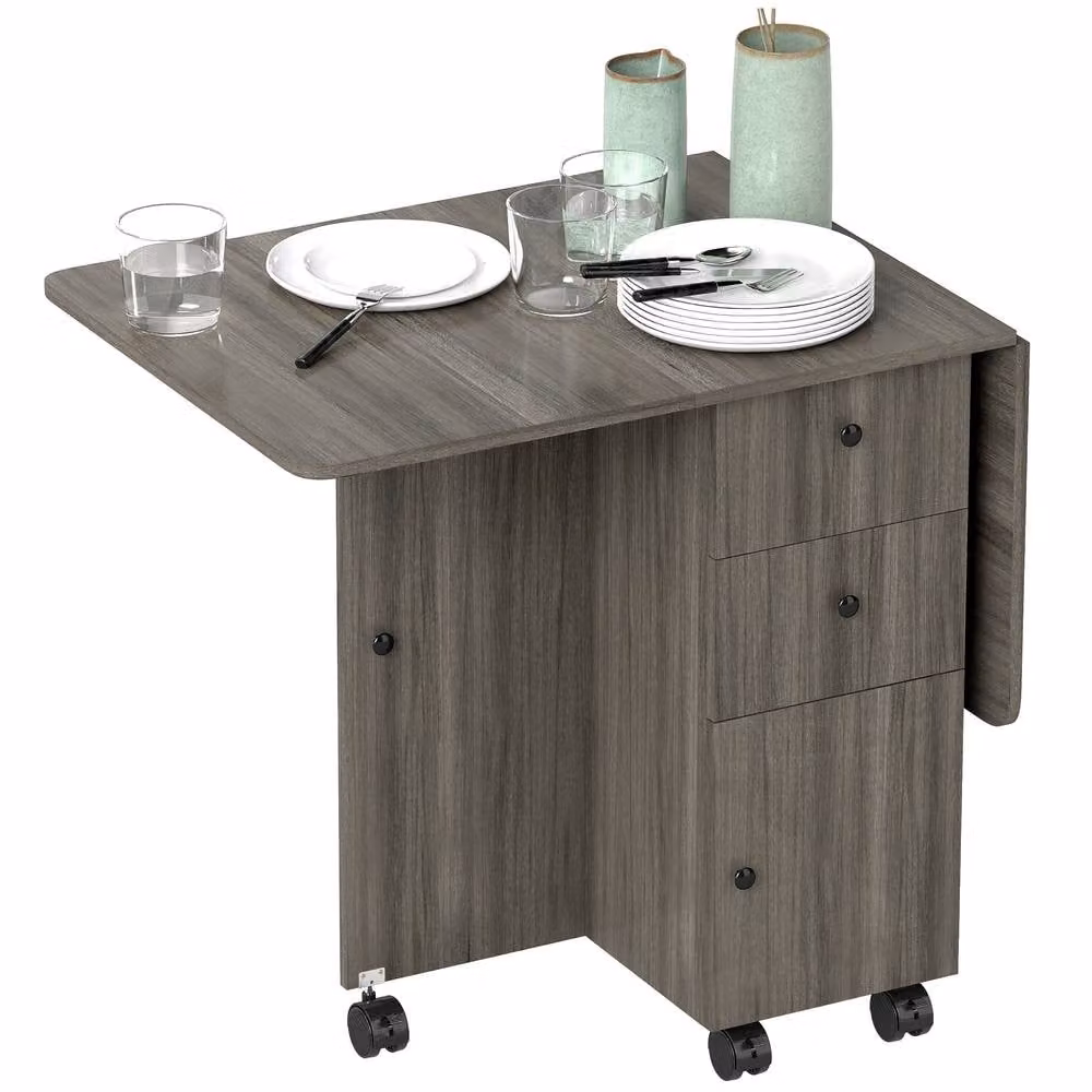 STILVORA Modern Grey Drop Leaf Rectangular Dining Table with Castors W/D/H: 120 x 76.5 x 6.0 cm – 4