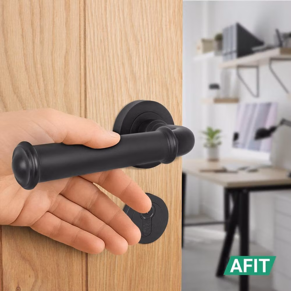 AFIT Black Aluminium Fire Door Handle Set with Euro Lock Thumbturn Cylinder and Hinges – 5