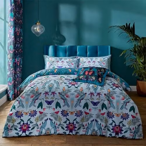 Catherine Lansfield Mya Tropical Floral Reversible Double Duvet Cover Set with Pillowcases in Duck Egg Blue – 1
