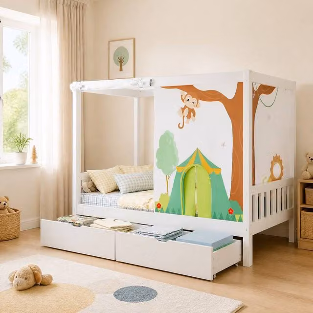 STILVORA Single Childrens Bed with Drawers and Curtains in White and Green, W/D/H: 90 x 190 x 120 cm