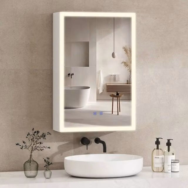 PAWNORA White Modern Wall Mounted LED Bathroom Mirror Cabinet with Hinged Doors – 1