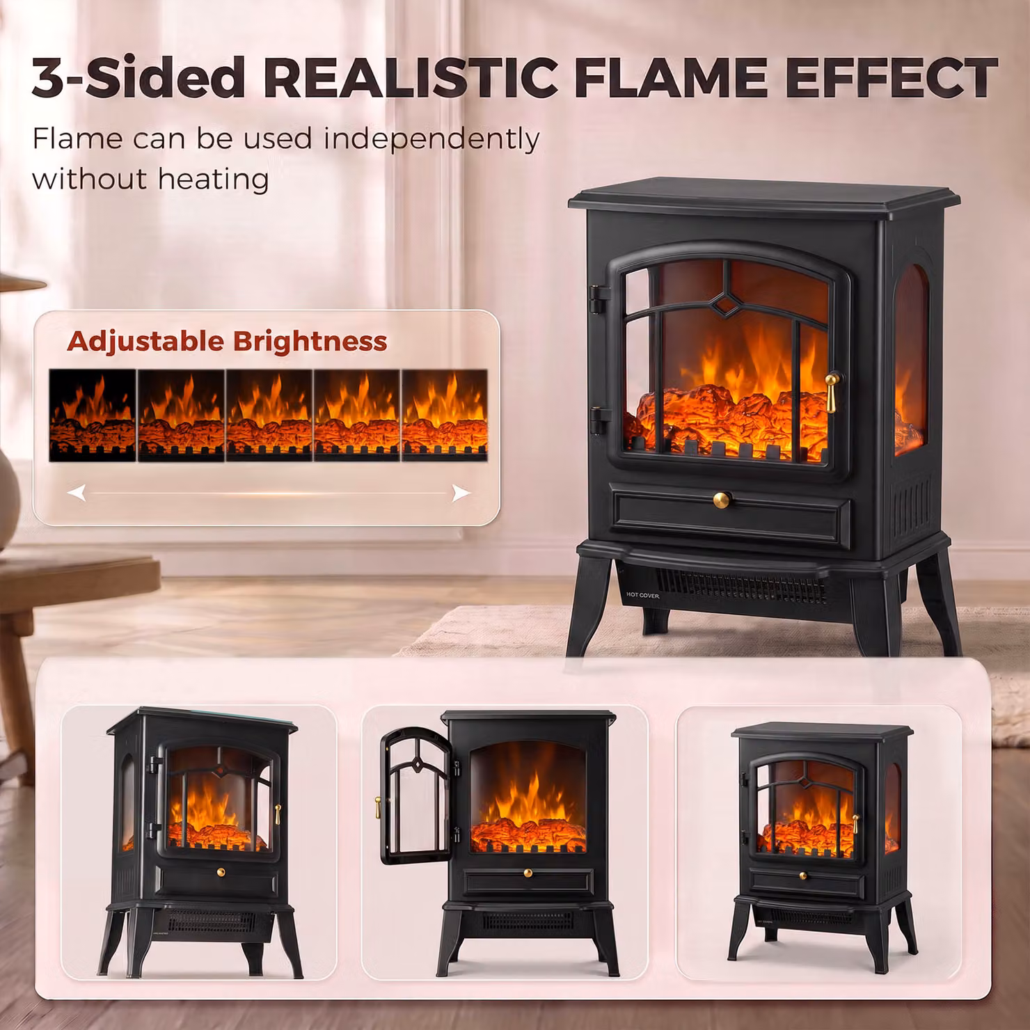 HOMCOM Electric Fireplace Stove, 1000/2000W 3-Sided Freestanding Heater with 3D Flame Log and Thermostat, Black – 4