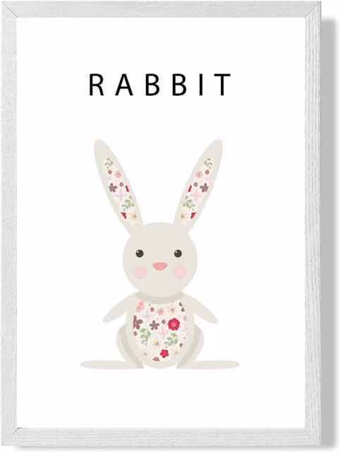 ARTZE Pink Floral Rabbit Framed Paper Poster with White Wood Frame