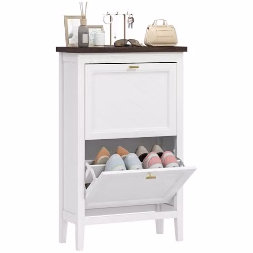 HOMCOM Modern White Shoe Cabinet with Tilting Compartments and Internal Shelves – 1