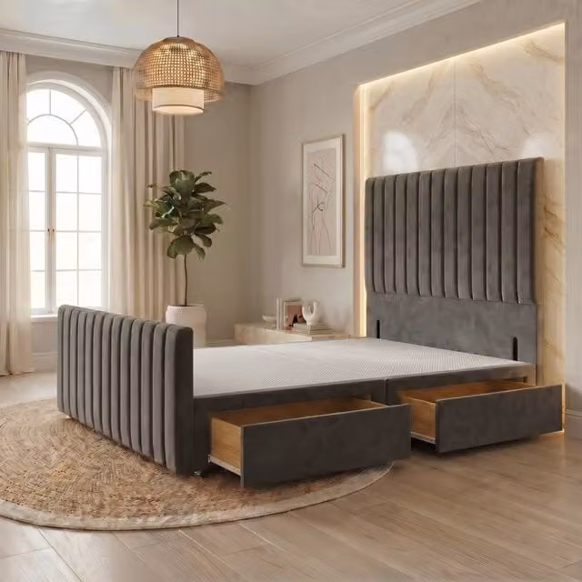 Somnior Eleanor Velvet Divan Base with 2 Drawers, 54 inch Headboard and 22 inch Footboard, Grey, W/D/H: 120 x 200 x 55.88 cm
