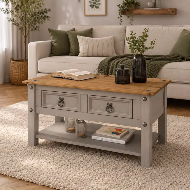 Mews Rectangular Rustic Grey Waxed Pine Coffee Table