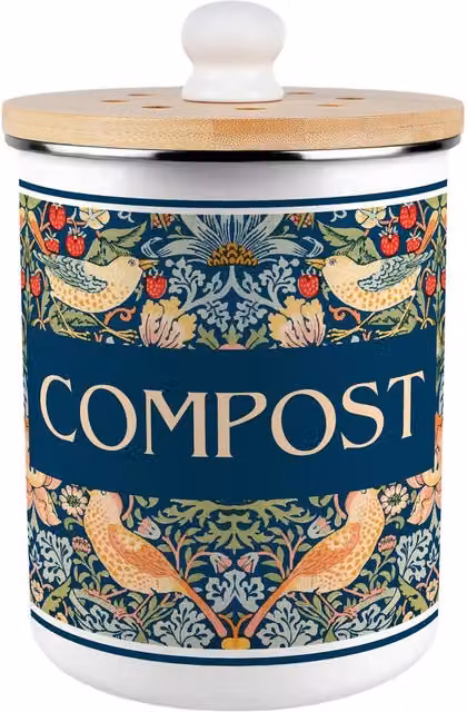 Purely Home Strawberry Thief Metal Compost Caddy with Flip Lid, 2L, Blue