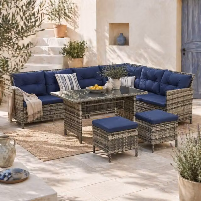 Wyld Haus Rarapa 7 Seater Rattan Garden Sofa Set with Glass Table in Dark Blue – 1