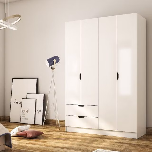 EVUHOME Bergen White Glossy Wardrobe with 4 Doors and 2 Integrated Drawers, H 180 x W 120 x D 45 cm