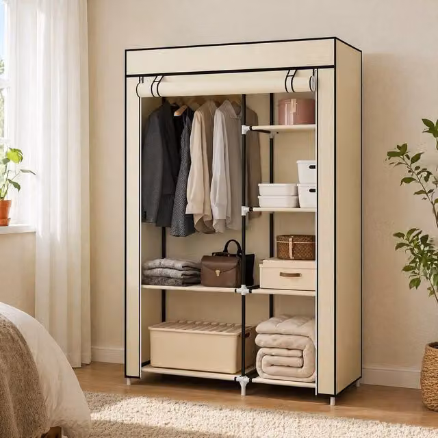 STILVORA Modern Freestanding Wardrobe with Hanging Rod and Internal Shelves in Beige, H: 162.5 cm x W: 103.0 cm