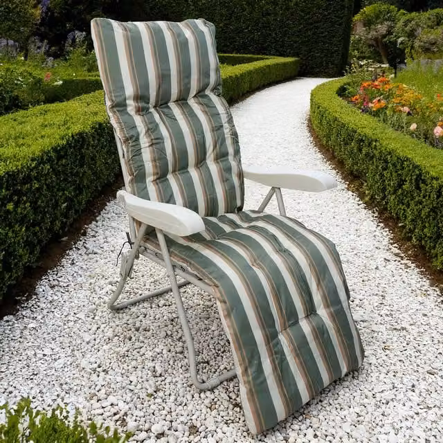 Outdoor Essentials Beverly Sun Lounger with Armrests in Beige Striped Fabric and Powder Coated Steel