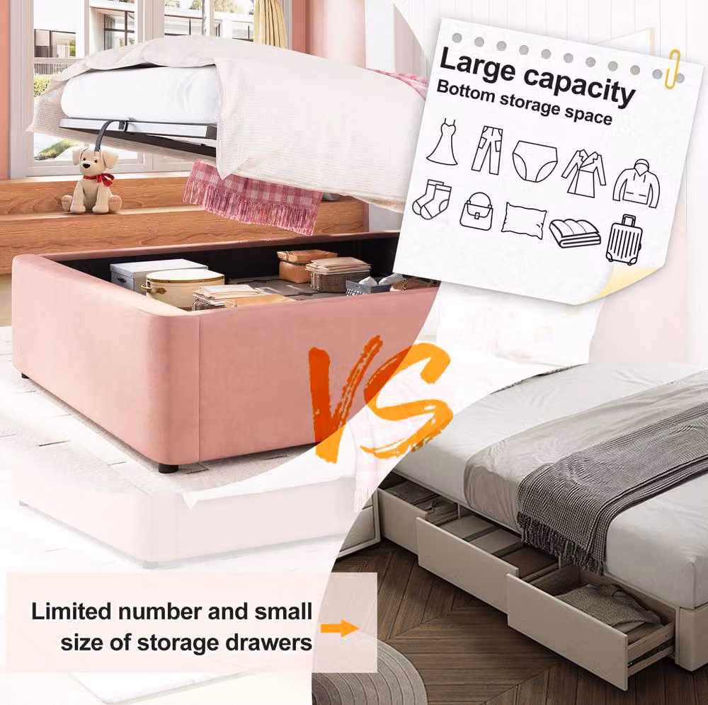STILVORA Single Upholstered Velvet Bed with Lift Up Storage in Pink, W/D/H: 90 x 190 cm – 3