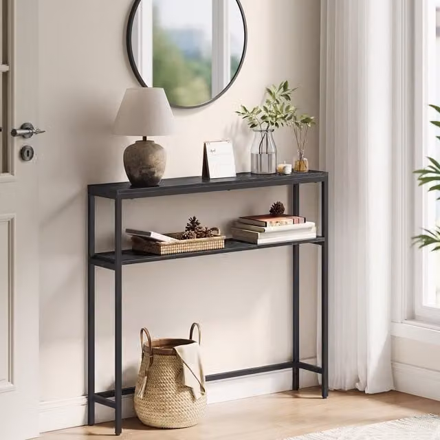 VASAGLE 2-Tier Slim Industrial Console Table for Hallway and Living Room, Black, W/D/H: 80 x 20 x 80 cm