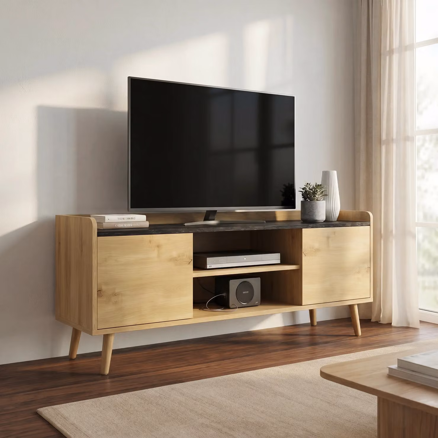 DHS Larvik Modern TV Unit with Storage in Oak Effect Brown and Black, W/D/H: 112 x 40 x 55 cm