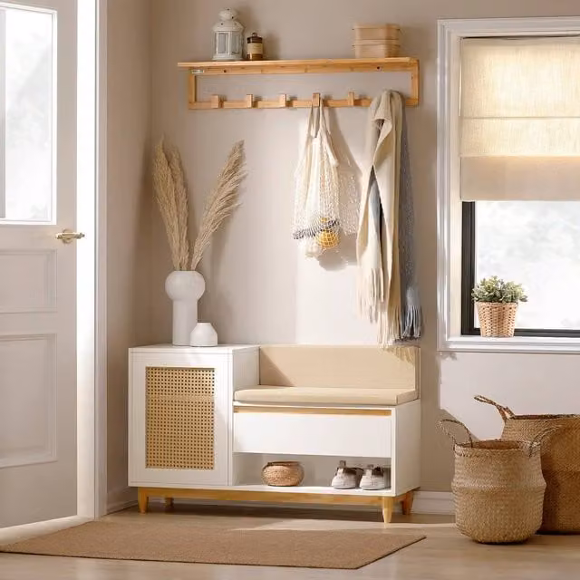 SoBuy Scandinavian Style Entrance Bench with Rattan Shoe Rack Storage in White and Beige
