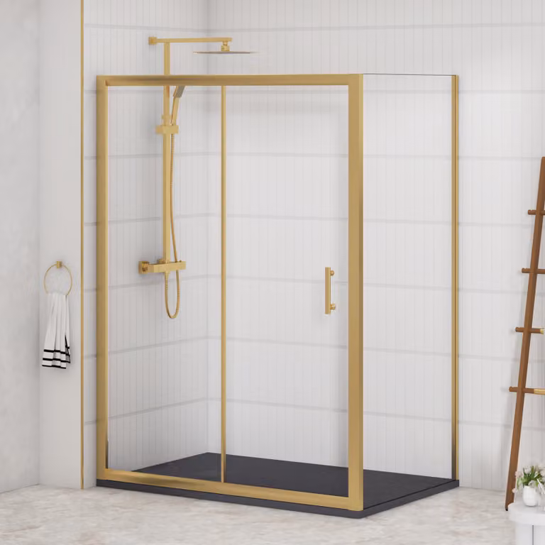 Royal Bathrooms Venice Sliding Door Shower Enclosure with Side Panel and Grey Slate Effect Stone Tray, Brushed Brass, W: 100 cm, D: 80 cm