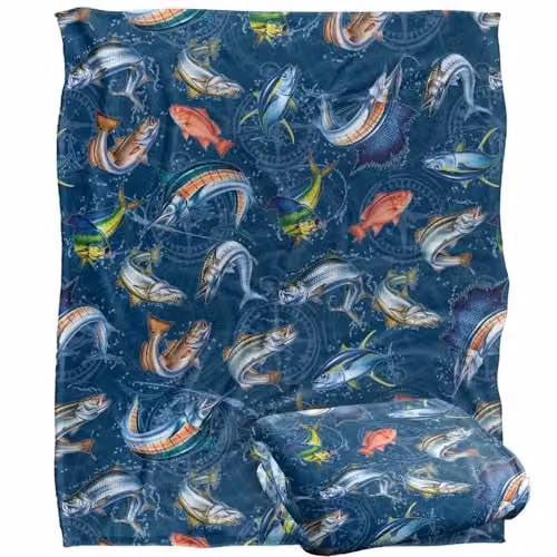 JQ Licensing Saltfish Fishing Compass Pattern Super Soft Fleece Throw Blanket in White, W/D/H: 152 x 127 cm – 1