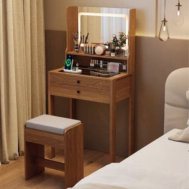 Costway Modern Hollywood LED Makeup Table with Glass Top in Brown