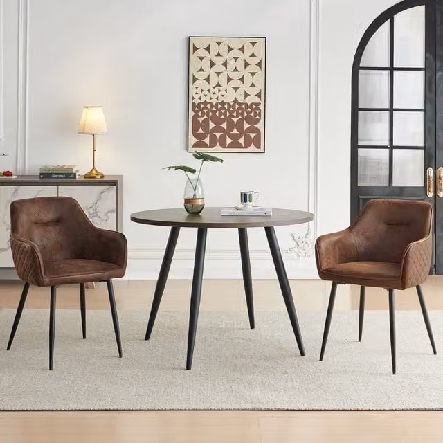 SONARA Dark Walnut Round Dining Table and 2 Brown Faux Suede Dining Chairs Set – 1