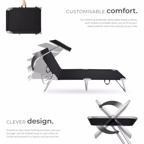 tectake Set of 2 Folding Sun Loungers in Black, H x W x D: 111 x 68 x 68 cm – 4