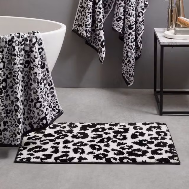Fusion Animal Print Non-Slip Cotton Bath Mat in Black and Grey, W: 50 cm, D: 80 cm