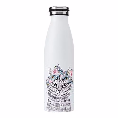 Mikasa Tipperleyhill Cat Vacuum-Insulated Stainless Steel Water Bottle, 500ml, White and Multicolour