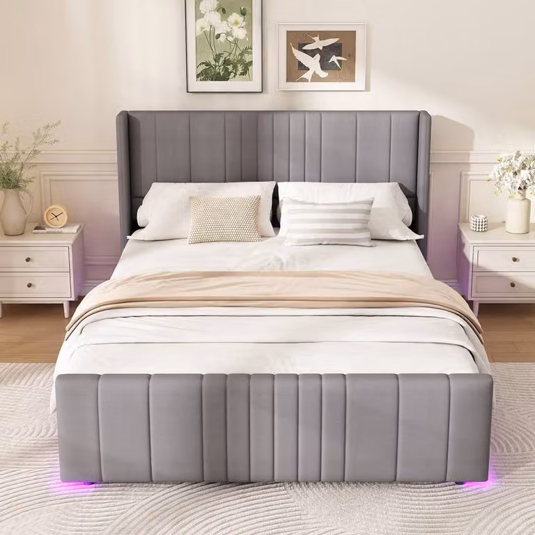 Matteo Grey Velvet Upholstered Ottoman Double Bed with LED Under-Bed Lighting and Lift-Up Storage W: 140 cm, D: 190 cm, H: 135 cm
